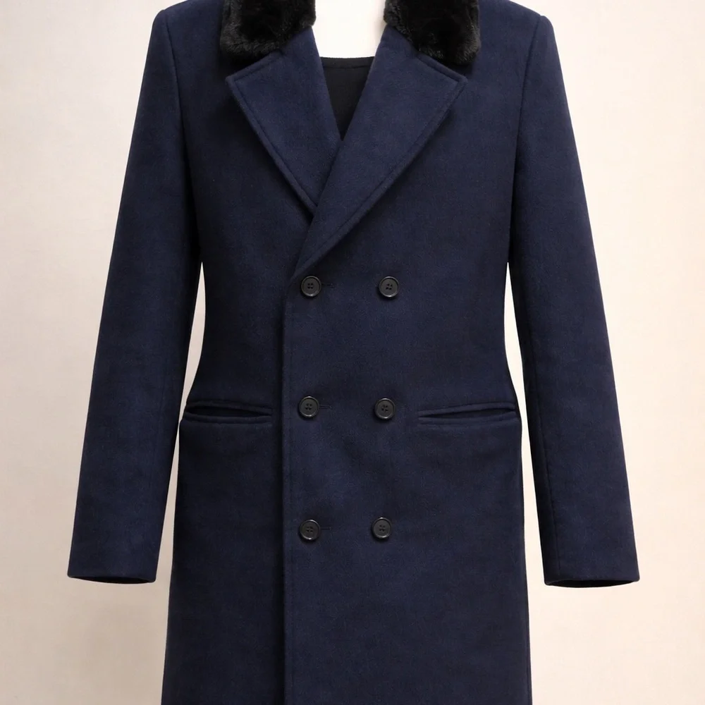Men's Elegant Navy Pea Coat with Black Fur Collar - Picture 2 of 4